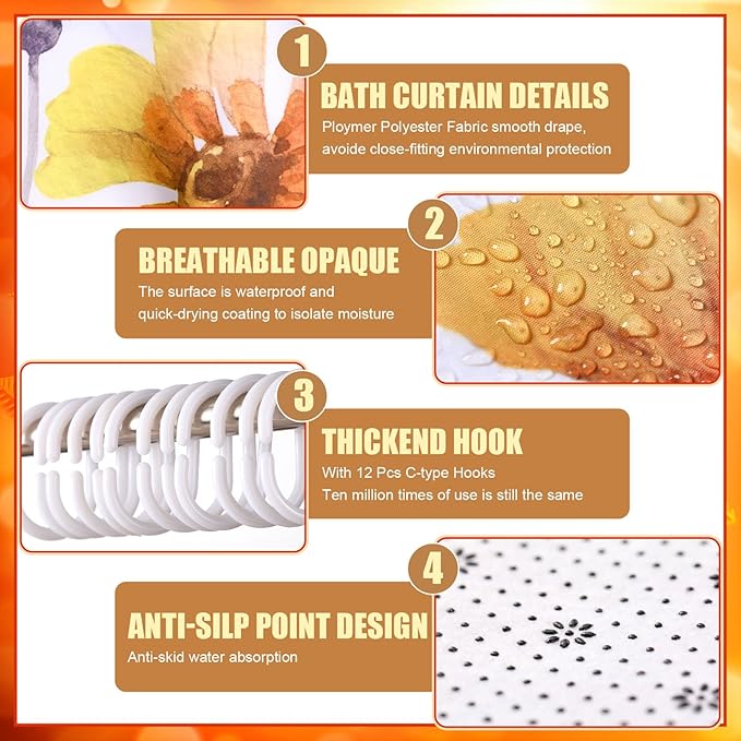 Nuanchu 6 Pcs Thanksgiving Shower Curtain Set with Rug Bathroom Sets with Shower Curtain Bath Mat U Shaped Mat Toilet Lid Cover 2 Bath Towels and 12 Hooks Fall Floral Bathroom Decor