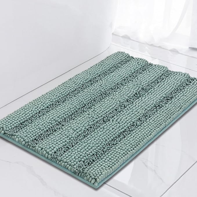 TURQUOIZE Non Slip Shaggy Bath Mats - Blue Chenille Bath Mat Set, Super Absorbent Shower Rugs for Tub Mat, 17" x 24", Duckshell Blue