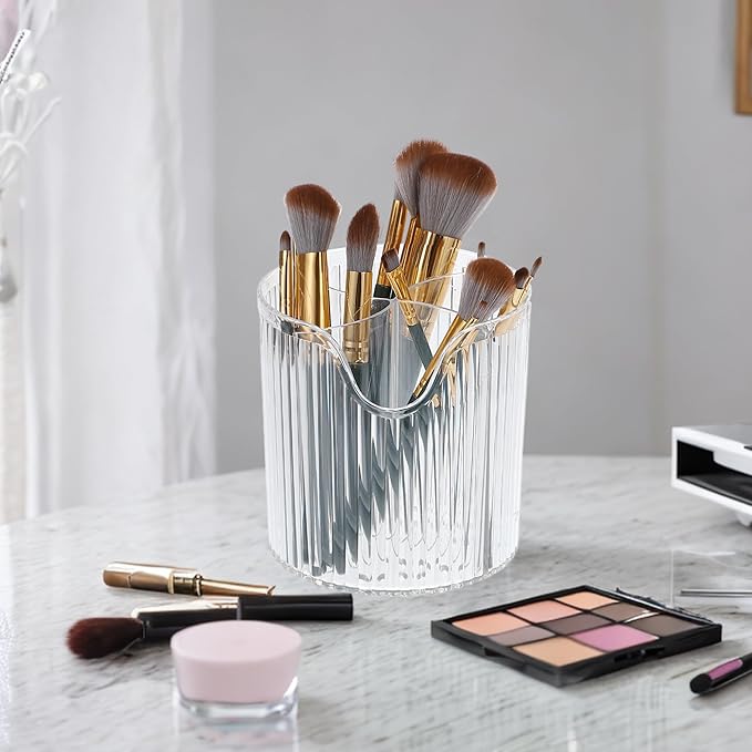 VOCOSTE Makeup Brush Cup, Makeup Organizer, 4 Slot Makeup Brush Holder, Cosmetics Storage Cup, for Vanity for Desktop, for Bathroom Countertops, Clear White