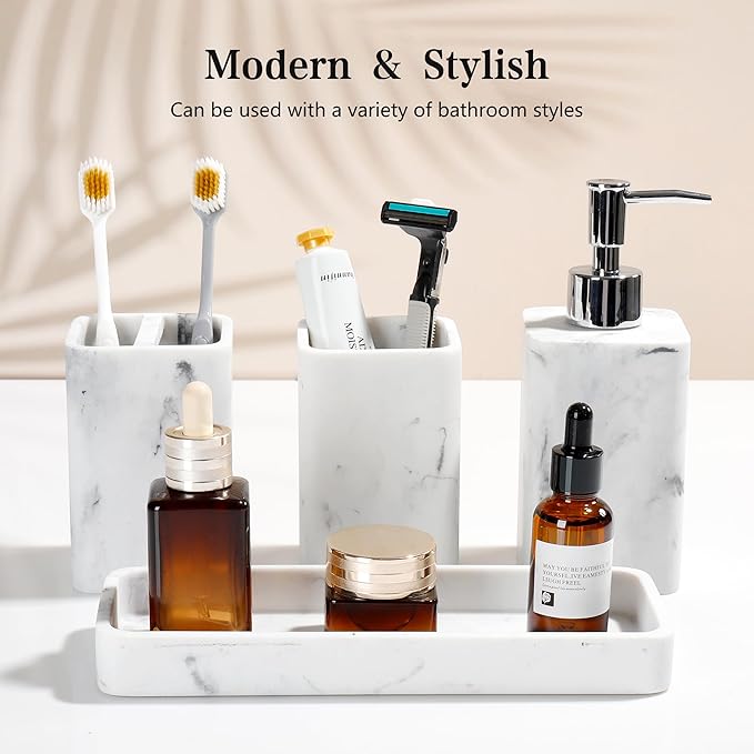 YMXYJM Bathroom Accessories Set, 4 Pcs Bathroom Accessory Set, Soap Dispenser, Toothbrush Holder, Qtip Holder Set, Bathroom Sets Complete, Bathroom Sink Set for Modern Home Decor, White
