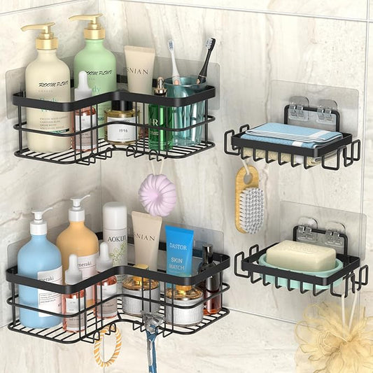 Yazoni Corner Shower Caddy, 4-Pack Adhesive Shower Shelves with Soap Holder No Drilling, Rustproof Bathroom Shower Organizer Storage, Black