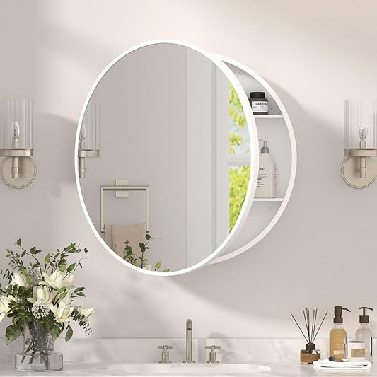 28 x 28 Inch Round Medicine Cabinet with Mirror,White Circular Bathroom Cabinet Wall Mounted,Metal Framed Mirror Medicine Cabinet with Adjustable Shelves for Bathroom Vanity