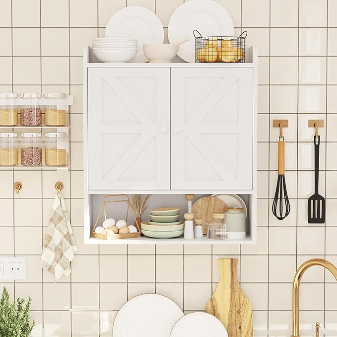 EasyCom 22" W x 26" H Bathroom Wall Cabinet, Farmhouse Medicine Cabinet with Adjustable Shelves and 2 Barn Doors, Over The Toilet Storage Cabinet for Bathroom,Kitchen,Living Room,White