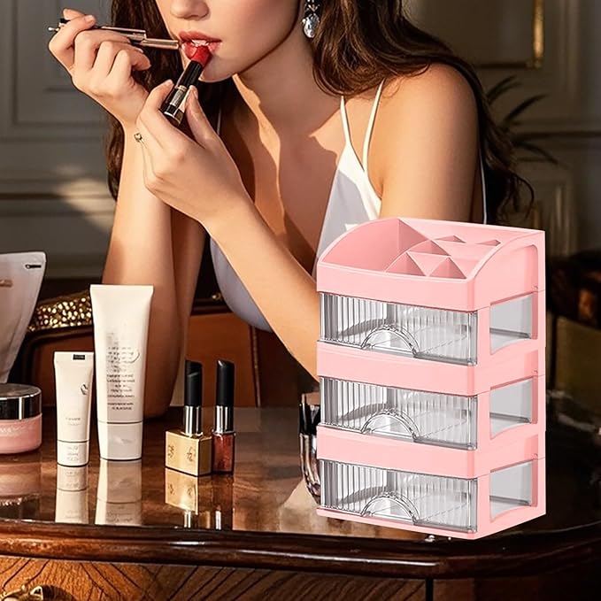 Makeup and Jewelry Organizer-Multilayer Transparent Drawer Storage,Desk Drawer Organizer-Cosmetics Jewelry Storage Cabinet,Desktop Rack for Stationery | Household Storage,for School Home (pink, L)