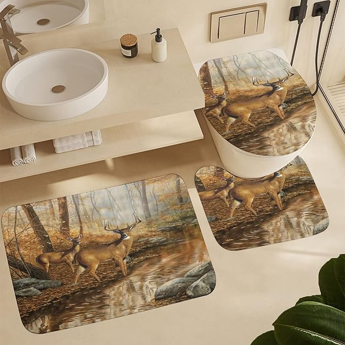 Rustic Cabin Wildlife Deer 4 Piece Shower Curtain Sets, Non-Slip Rugs, Toilet Lid Cover and Bath Mat, Durable and Waterproof, for Bathroom Decor Set One Size