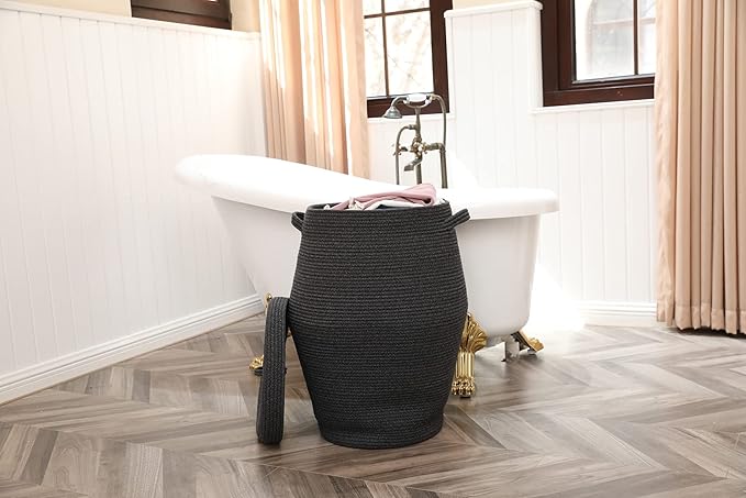 26" x 20" Handcrafted Tall Cotton Rope Basket with Lid, Stylish Flagon Shape with Cover, Clothes Hamper with Top, for Bedroom and Living Room, All Grey Black Mix