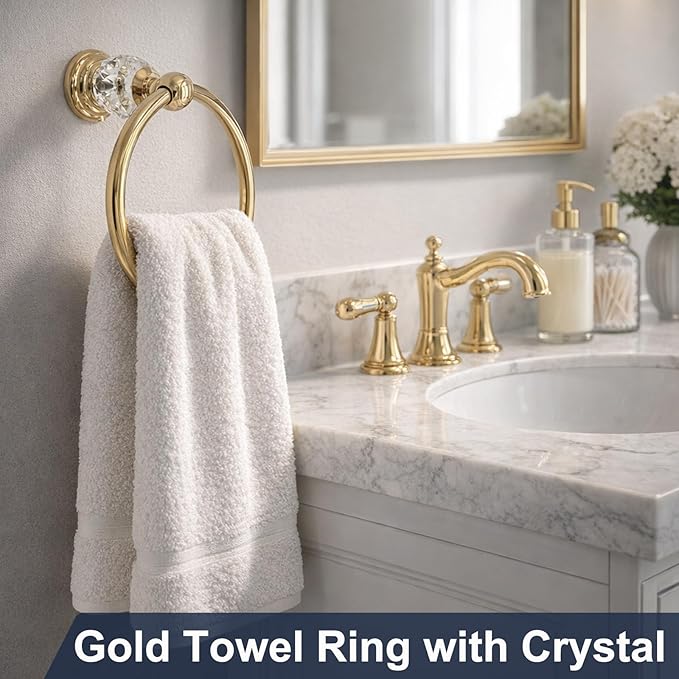 Gold Towel Ring with Crystal, Round Hand Towel Holders for Bathrooms, Stainless Steel Hand Towel Rack Wall Mounted for Luxury Modern Bathroom, Kitchen, Hotel