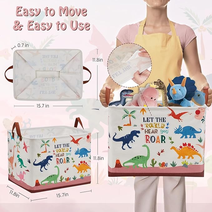 Dinosaur Room Decor Basket for Boys, 36L Volcano Baby Laundry Basket Leaf Cactus Kid Storage Bin Rectangular Collapsible Clothes Book Toy Bin for Boy,Pink Easter Gift