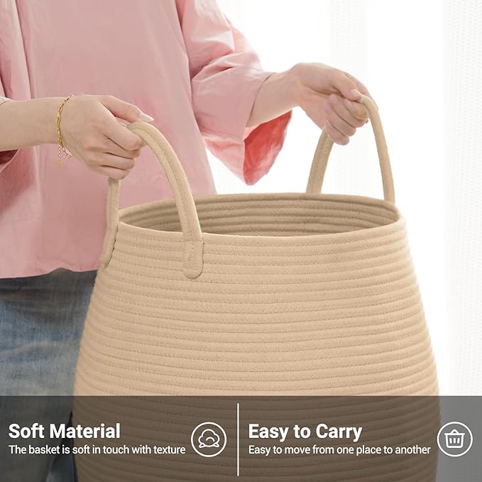Large Laundry Hamper Basket by Fiona's magic, 65L Woven Tall Clothes Hamper for Storage Blanket, Toys and Dirty Cothes in Bedroom and Living Room Organizer, Brown