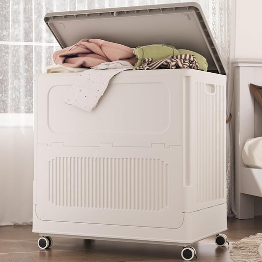 HAIXIN HOME Rolling Laundry Hamper with Lid, 130L Large Capacity Clothes Hampers for Laundry, Plastic Collapsible Laundry Baskets with Wheels and Lid, Install-Free & Easy to Transport to Laundry Room