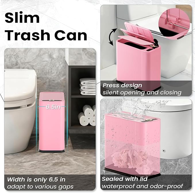 XLHOMO 9-Piece Pink Bathroom Accessories Set - Cute & Functional Set with Slim Trash Can, Soap Dish & Jars - Ideal Gift for Girls, Dorm Room & Modern Vanity Decor