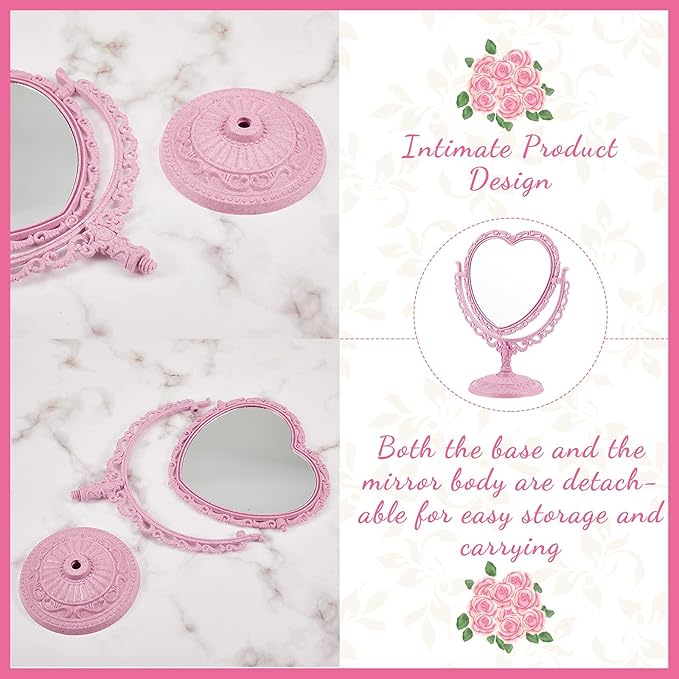 CHENGU Heart Shaped Mirror 8 Pieces Hair Styling Combs Double Sided Rotatable Dresser Heart Mirror Makeup Gifts for Girls Gift Vanity Tabletop(Pink)