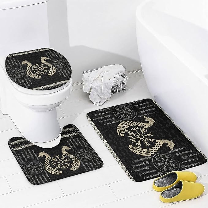 Brebasf Norse Vikings 4 Pcs Waterproof Shower Curtain Set Abstract Dragon Retro Mystical Symbol Compass with Waterproof Toilet Cover Shower Mat Rugs,72" W x 72" L