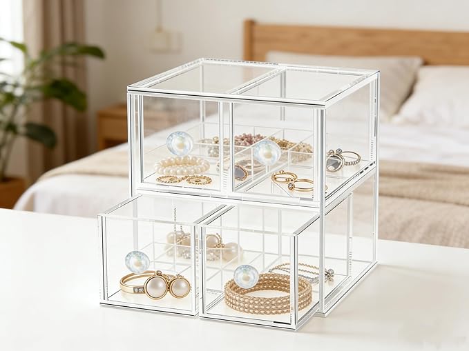 HESIN Clear Acrylic Makeup Organizer with 4 Drawer Trays, Cosmetic Storage for Bedroom, Bathroom, Countertop, Dresser (Medium, 4)