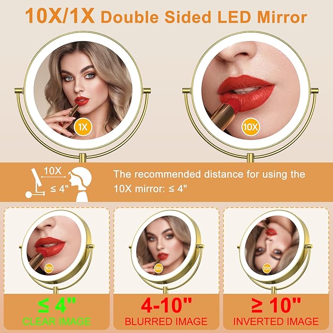 Gospire 9” Wall Mounted Lighted Magnifying Mirror, 1X/10X Magnification Double-Sided LED Bathroom Mirror, 3 Color Lights & Stepless Dimming with Touch Sensor, Extendable Arm 360° Swivel for Shaving