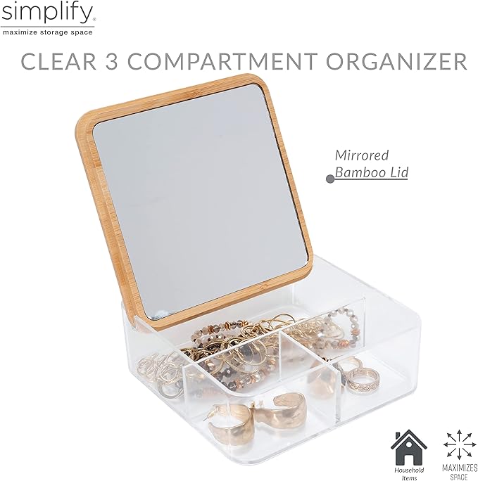 Simplify 3 Compartment Organizer with Bamboo Lid | Mirror | Perfect for Jewelry | Cosmetics | Accessories | Vanity & Countertop | Keepsake Storage Box | Clear