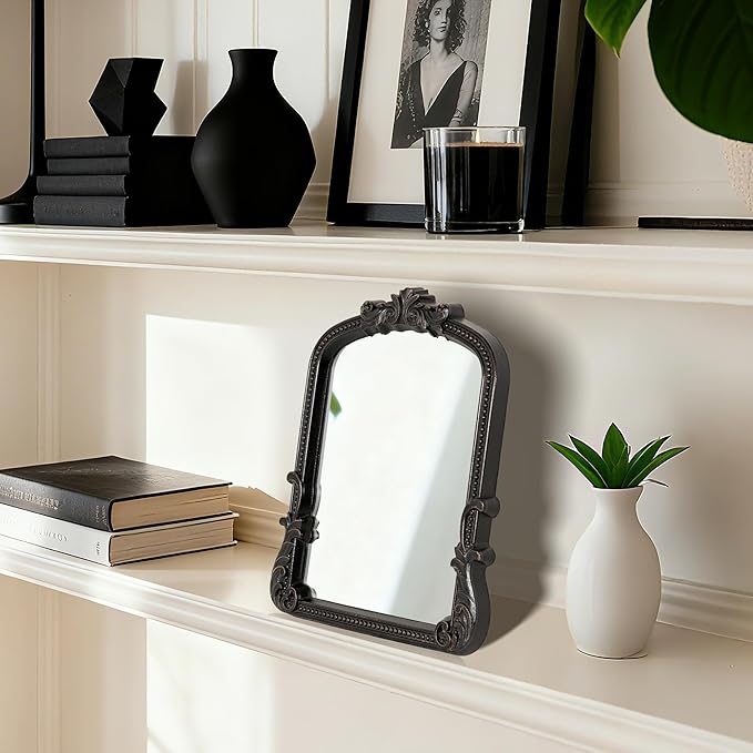 Vintage Small Black Vanity Makeup Mirror Antique Arched Baroque Tabletop Mirror Resin Frame Desktop Standing Mirror for Living Room Bedroom Dresser 9.6x12.3