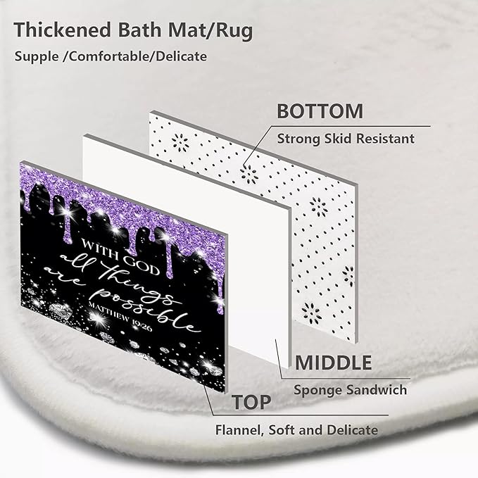4 Pcs Black Purple Diamonds Shower Curtain Set with Rugs and Toilet Lid Cover, Black White Bible Verse Waterproof Fabric Bathroom Set, Christian Scripture Shower Curtain Bathroom Decor Set Accessories