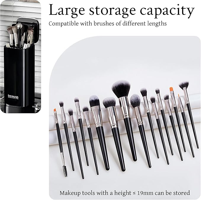 Automatic Lifting Makeup Brush Holder with Lid Dustproof Cosmetic Organizers for Vanity-Black