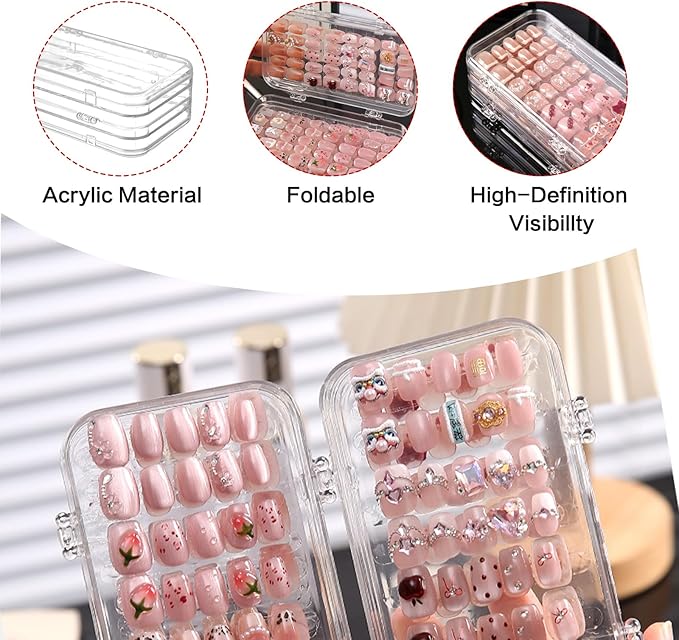Press On Nail Organizer Case,Tri-Fold 4 Page Press On Nail Storage Box with Adhesive Double Sided Tape,PET Plastic Holder Box for Fake Nail,Nail Display Nail Salon Supplies Nail Art Business