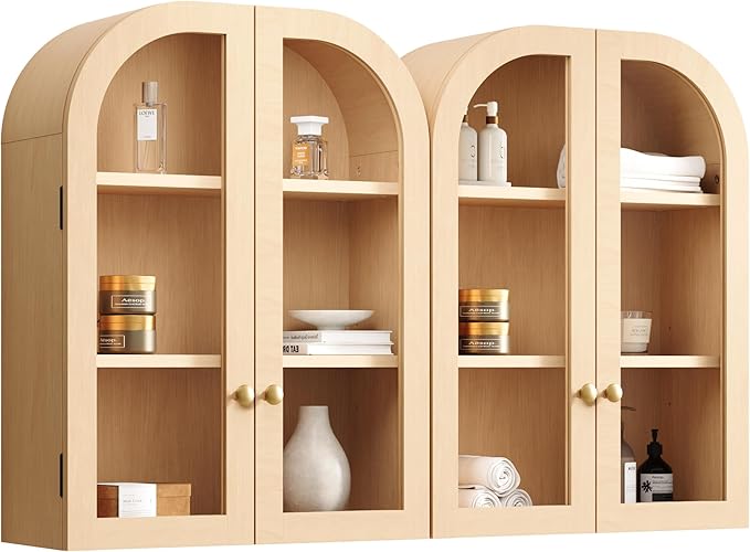 Fatmok Arched Bathroom Wall Cabinet Set of 2, Over-The-Toilet Storage Cabinet with Glass Doors & Adjustable Shelf, Wood Floating Medicine Cabinet for Bathroom, Laundry, Kitchen(Natural Wood)