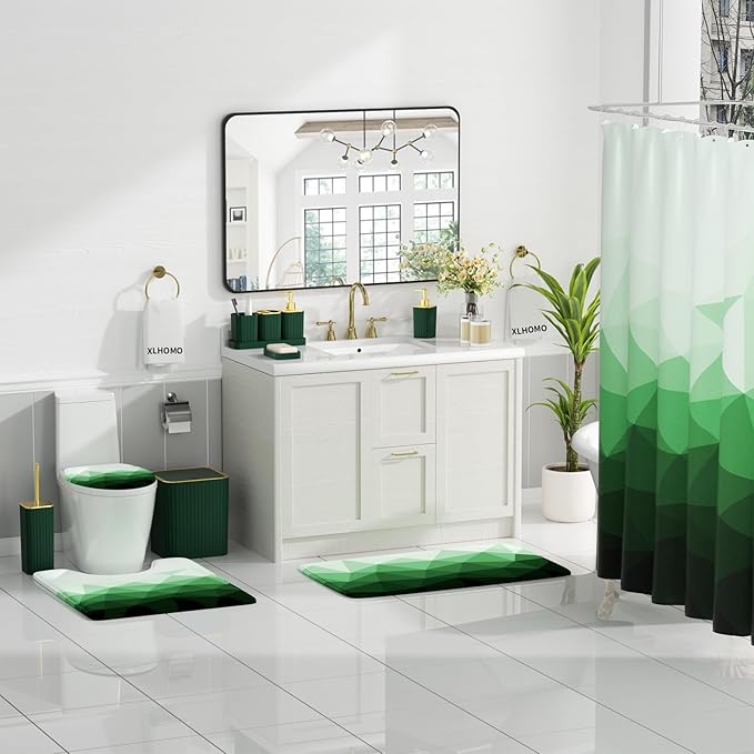 XLHOMO Bathroom Accessory Set - 26PC Bathroom Shower Curtain and Rug Set, Bathroom Accessories Set, Green Bathroom Set with Trash Can, Toilet Brush, Qtip Holder & Soap Dispenser
