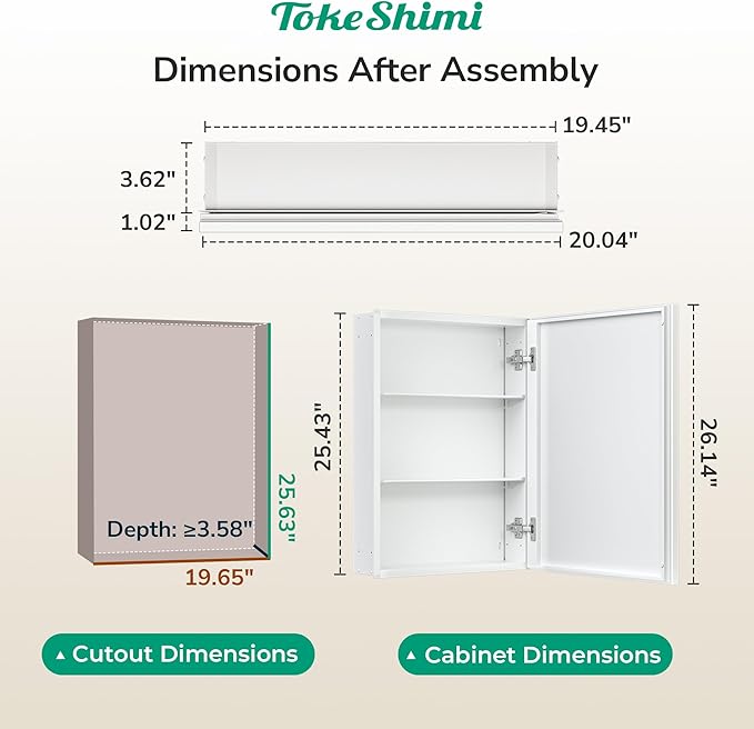 TokeShimi 20 x 26 Medicine Cabinet for Bathroom, Assembly Required, White Recessed Medicine Cabinet with Mirror, Stepless Adjustable Shelves, Beveled Aluminum Frame, DTC Hinge