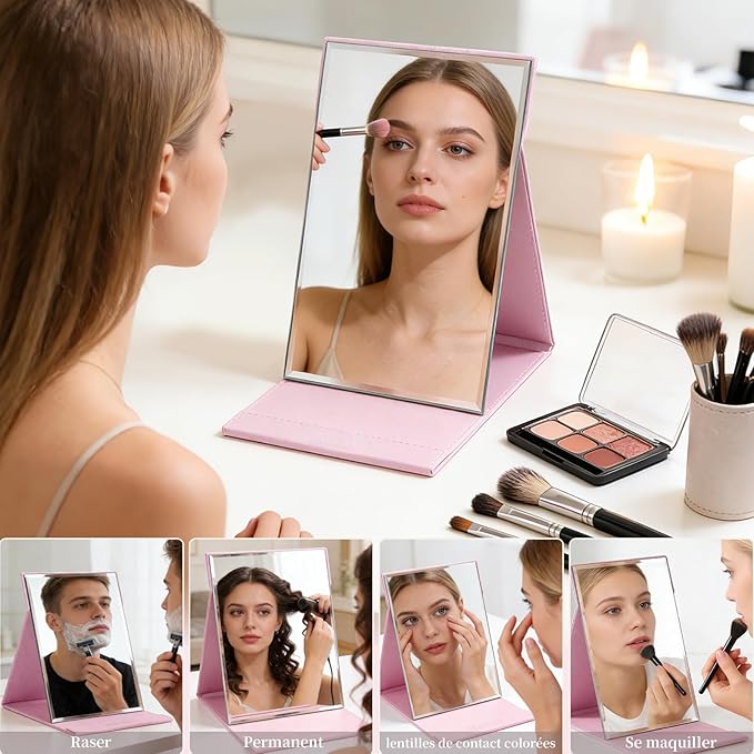 DUcare Folding Mirror Portable Travel PU Portable Adjustable Rectangular Ultrathin Vanity Mirror with Stand Pink