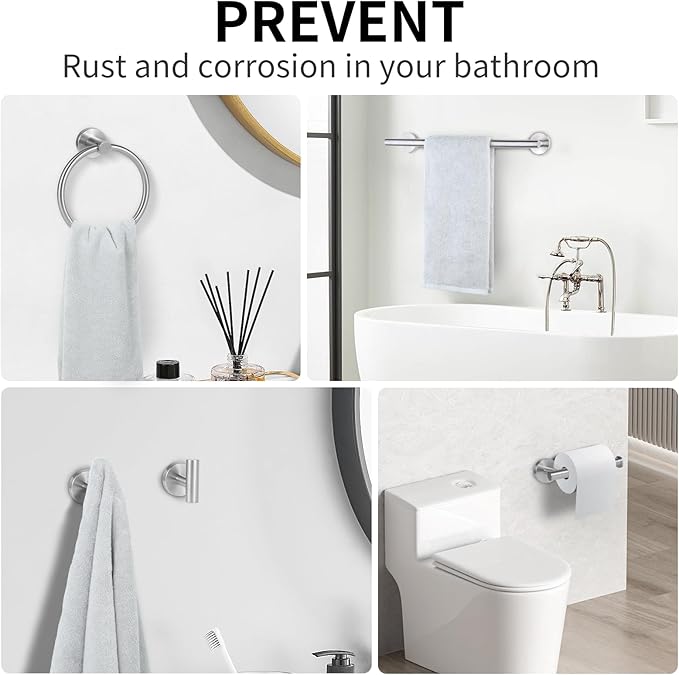 6 Piece Brushed Nickel Bathroom Hardware Set, Includes 24 inch Towel Bar, 16 inch Towel Rack, Towel Ring, Toilet Paper Holder, Towel Hook