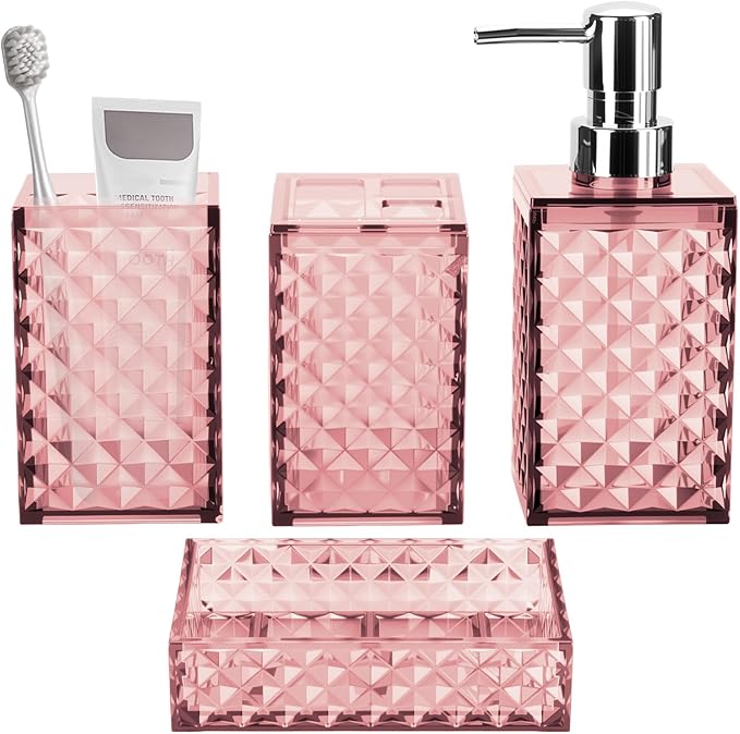 Bathroom Accessory Set, Grid Pattern 4 Pcs Plastic Bathroom Set Include Soap Dispenser, Soap Dish, Toothbrush Holder, Mousewash Cup, Modern Bahtroom D??cor Set(Pink)