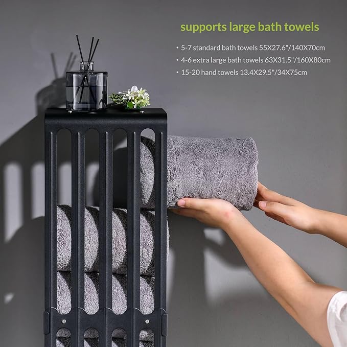 simpletome Towel Storage Rack Adjustable Height Wall Mount Bathroom Shelf Organizer Carbon Steel (Matte Black)