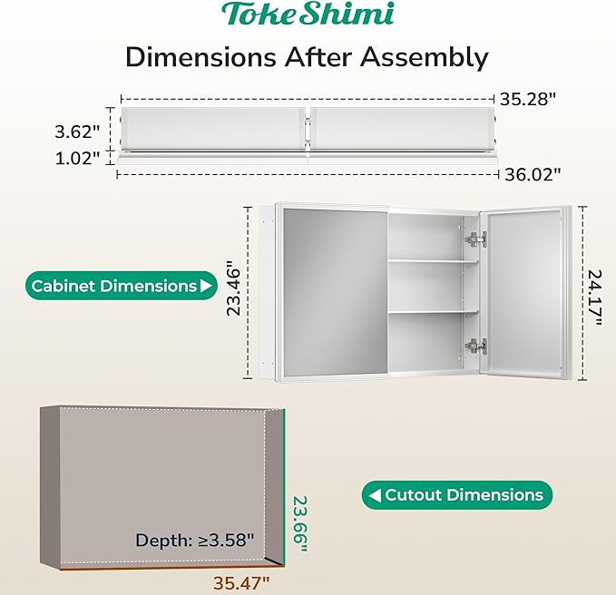TokeShimi 36 x 24 White Recessed Medicine Cabinet with Mirror, Assembly Required, Bathroom Medicine Cabinet with Mirror, Stepless Adjustable Shelves, Beveled Aluminum Frame, DTC Hinge
