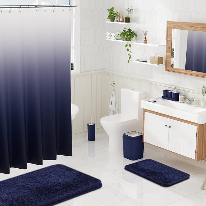 XLHOMO 24PC Navy Blue Bathroom Set with Shower Curtain and Rugs, Blue Bathroom Sets Complete with Trash Can,Soap Dispenser,Soap Dish,Toilet Brush,Toothbrush Holder and Cup,Tray,Q-Tip Holders