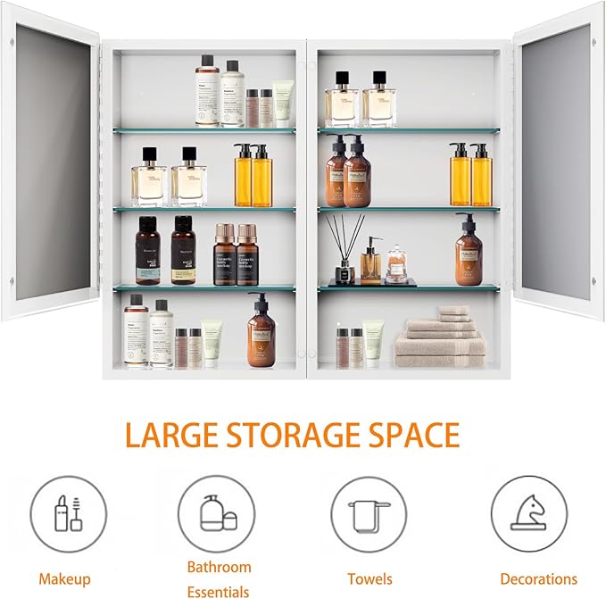 32 x 26 Inches Bathroom Medicine Cabinet with Mirror, Double Door Bathroom Mirror Cabinet, Surface or Recessed Mount White Storage Cabinet, Frameless Beveled Edge Wall Mounted Mirror Cabinet