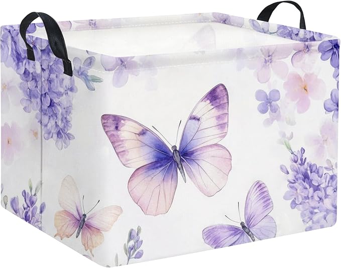 Rectangular Kids Storage Basket Baby Storage Basket with Handles for Home Kitchen Boys and Girls Cute Toy Storage Bin Organizer Shelf Book Room Decor(Purple Butterfly)