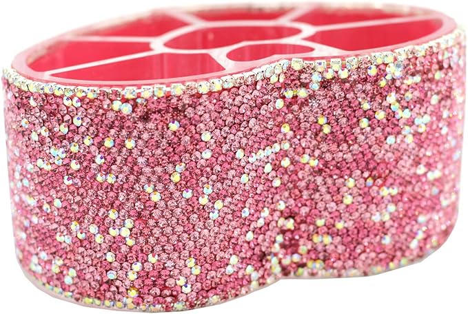 Desktop Cosmetic Storage Box 8-hole Heart-Shaped Bling bling Rhinestone Cosmetic Tools storage Box Jewelry Storage Box (Pink)
