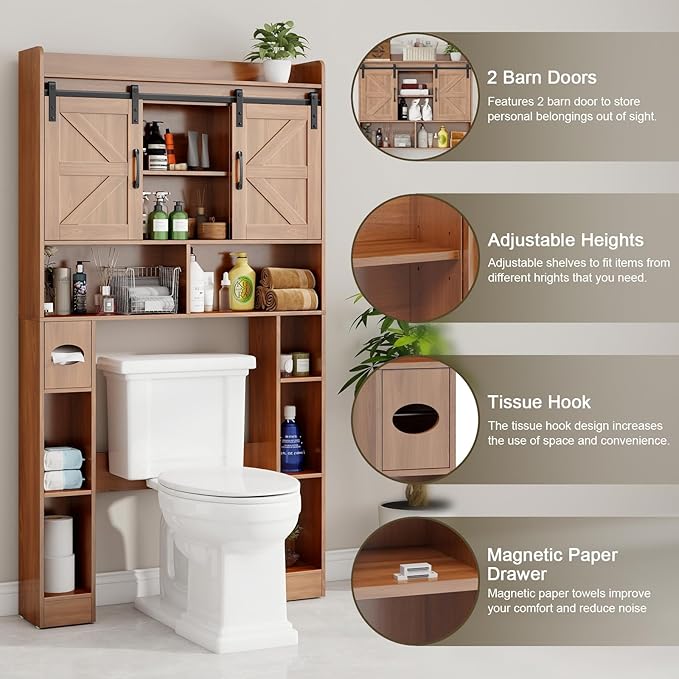 Vabches Farmhouse Storage Cabinet Over Toilet with Sliding Doors, Home Space-Saving Toilet Rack, Over The Toilet Storage Cabinet, Open Storage Shelf, for Bathroom, Laundry, Restroom.Walnut