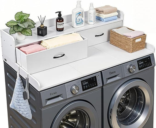 VEVOR 2 Drawers Washer Dryer Countertop with Shelf, 54" x 27" Wooden Laundry Countertop with 2 Hooks & Splicing Panels, Washer and Dryer Topper, Laundry Room Organization and Storage, White