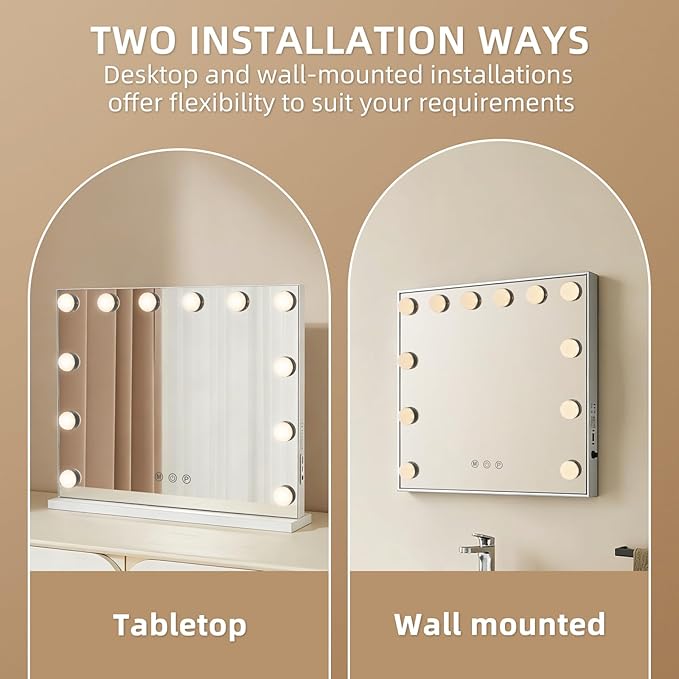 Vanity Mirror with Lights, 19.7"x16.5" Hollywood Mirror with 12 Dimmable LED Bulbs, 3 Color Lighting Modes & 10X Magnification Makeup Vanity Mirror for Desk Wall-Mounted