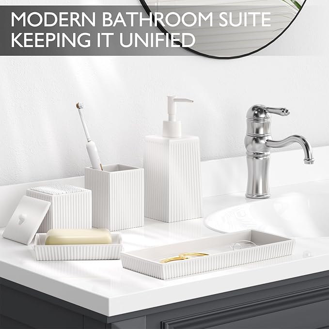 XLHOMO Bathroom Set - White Bathroom Accessories Set, 5PCS Ceramic Bathroom Accessory Set, Bathroom Sets with Soap Dispenser, Toothbrush Tumbler, Soap Dish, Q-tip Holder & Vanity Tray