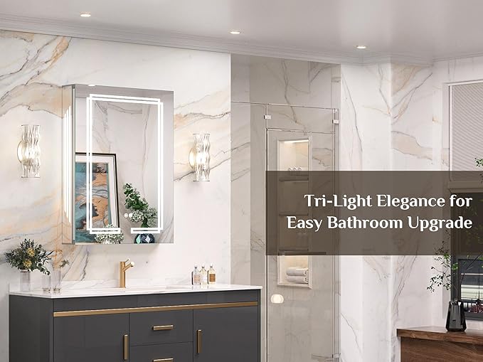 Keonjinn 24 x 32 Inch Medicine Cabinet with Lights, Bathroom LED Medicine Cabinet Mirror, Tempered Glass, UL-Listed, Adjustable Shelves, No Outlets, 3 Color Temperature, Dimmable, Wall Mount Only