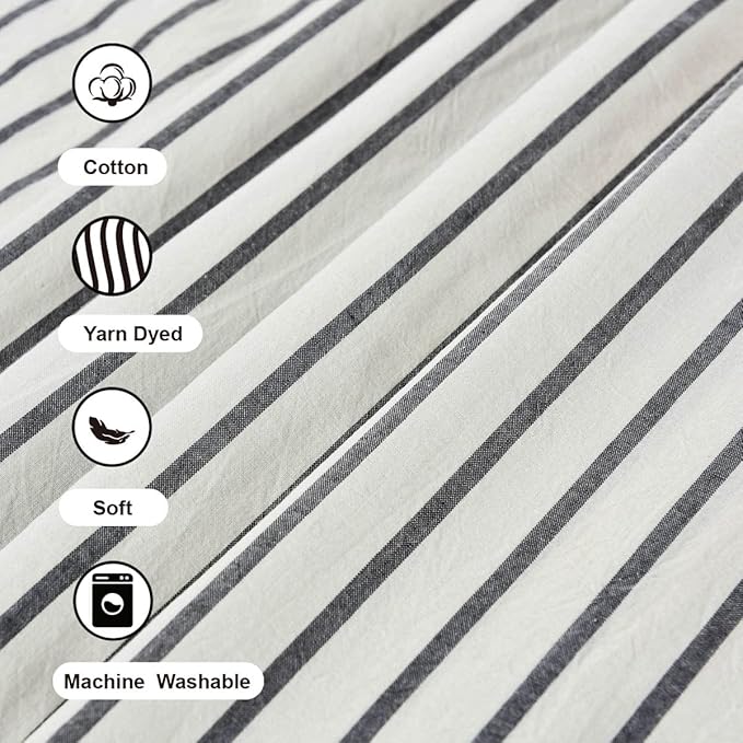 Farmhouse Shower Curtain,Beige and Black Stripe,Button Curtain,Linen and Cotton Woven Fabric,Rustic Charm Country Chic Style,72x72 in