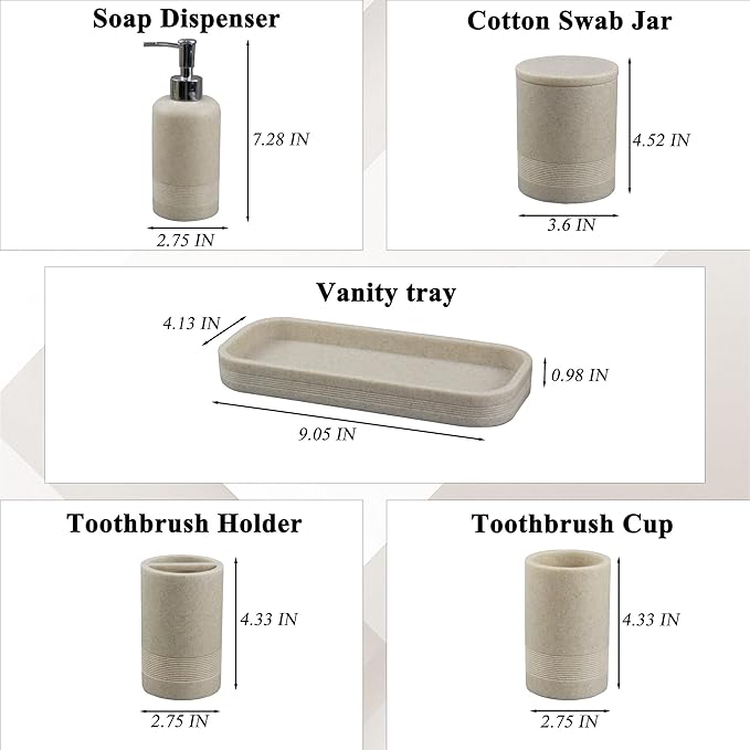 LIN CHUAN 6-Piece Bathroom Accessories Set, Bathroom Accessory Set with Soap Dispenser, Toothbrush Holder Set, Vanity Tray, Tumbler & 2 Cotton Swab Jars, Modern Stylish Bathroom Organizer(Beige)