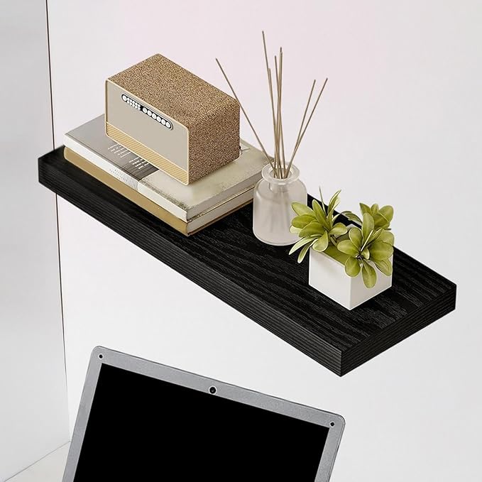 Shelf Rustic with Invisible Bracket,Wood Wall Shelf for Bathroom Farmhouse, Black