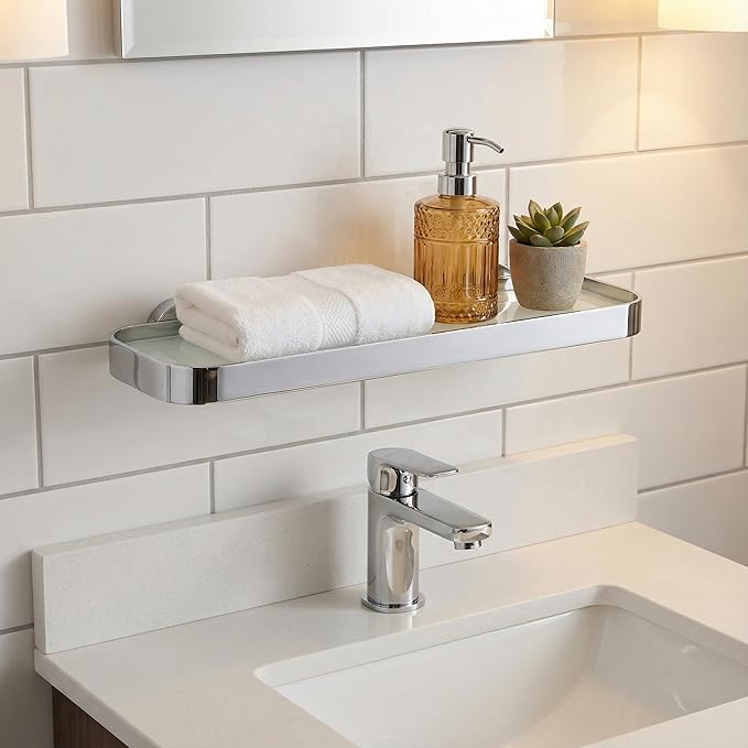 Cortesi Home Milo Contemporary Stainless Steel Glass Vanity Shelf, Chrome, 16"