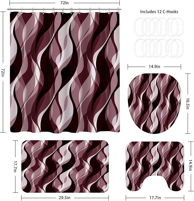 4PCS Burgundy Red Abstract Shower Curtain Sets with Rugs, Striped Bathroom Sets with Shower Curtain and Rugs, Modern Bathroom Curtains Shower Set with Toilet Lid Cover for Bathroom Decor