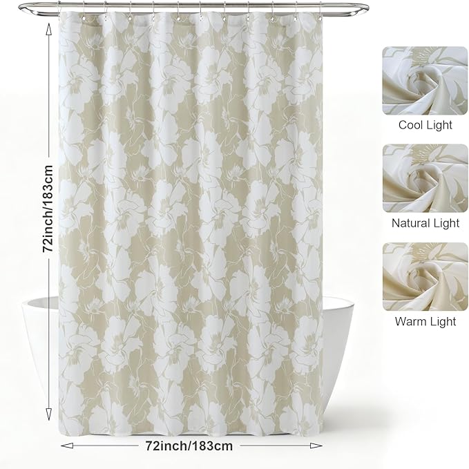 Floral Fabric Shower Curtains for Bathroom, Cream Beige Tan Flower Shower Curtain, Waterproof Washable Decorative Bathroom Curtains, 72" W x 72" H