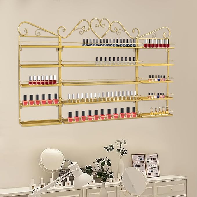 Wall-Mounted Nail Polish Rack, Set of 3 Rectangular Gold Nail Polish Shelf Lipstick Perfume Cosmetic Display Shelf for Home Spa Nail Salon Shop