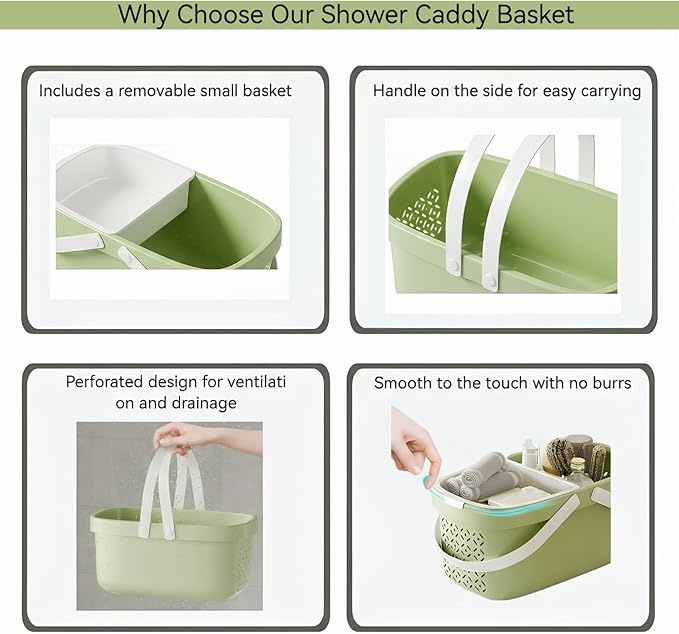 Pulseplay Plastic Organizer Storage Basket with Handles Portable Large Capacity Shower Caddy Basket with Drainage Holes for Bathroom Living Room College Dorm Room (Green)