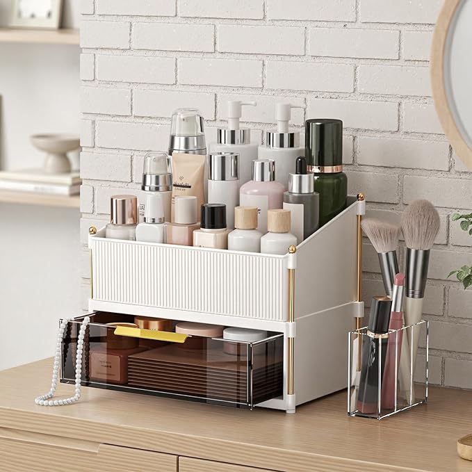 INVSSENE Stackable Makeup Organizer Countertop, Storage Perfume Skincare Cosmetic Lipstick Face Mask Makeup Brush Palettes, Ideal for Vanity Bathroom Counter